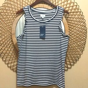 NWT! CROWN & IVY Sleeveless Ruffle striped ladies top Navy/White Size XL